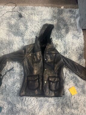 Women's Black Hooded Faux-Leather Jacket with Shearling Trim